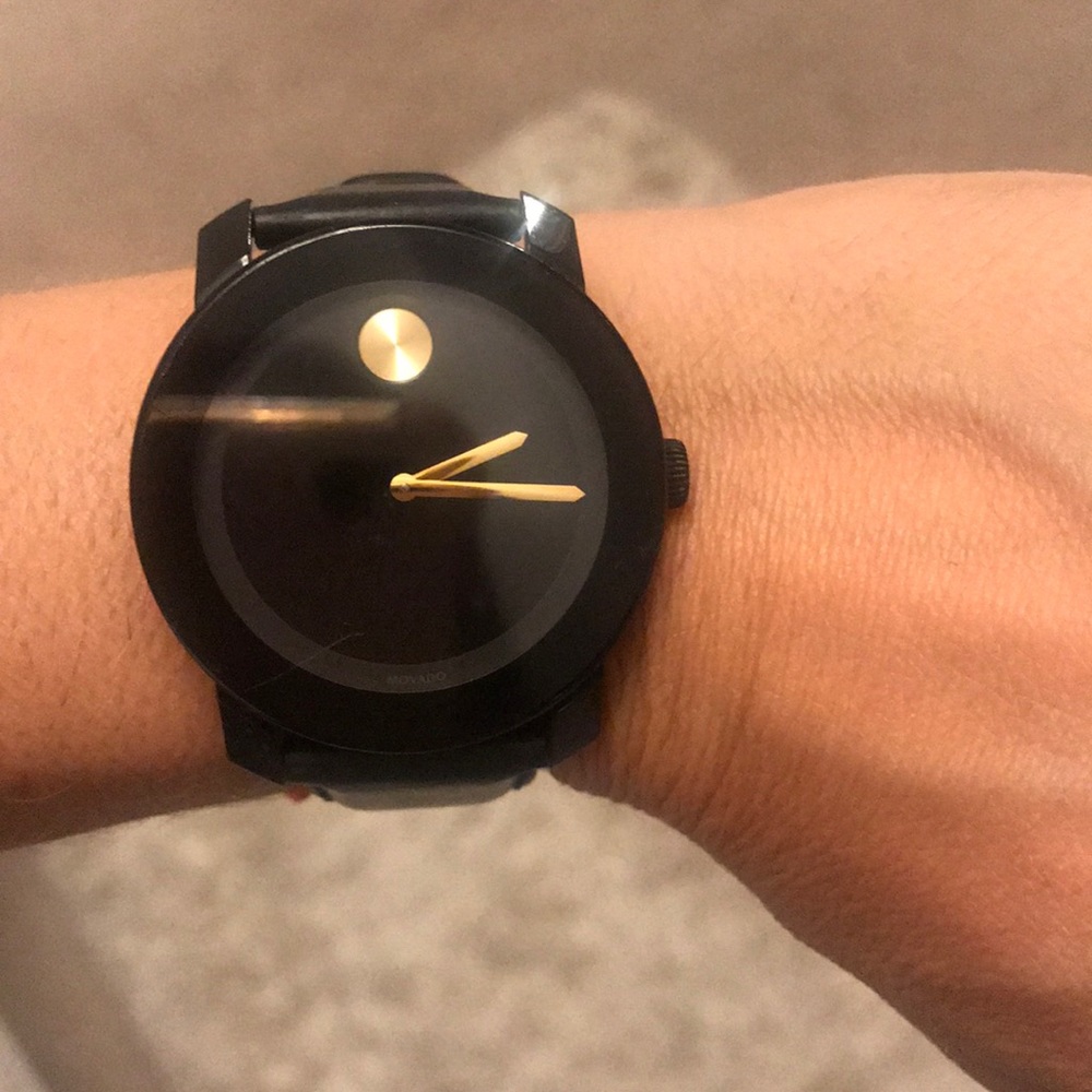 Movado BOLD Unisex Black Leather Watch 42mm